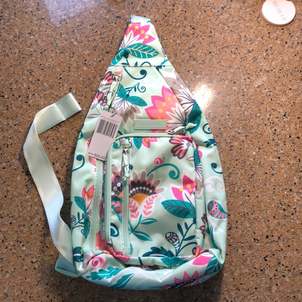 Vera Bradley Lighten Up Sling Backpack Mint Flowers NWOT